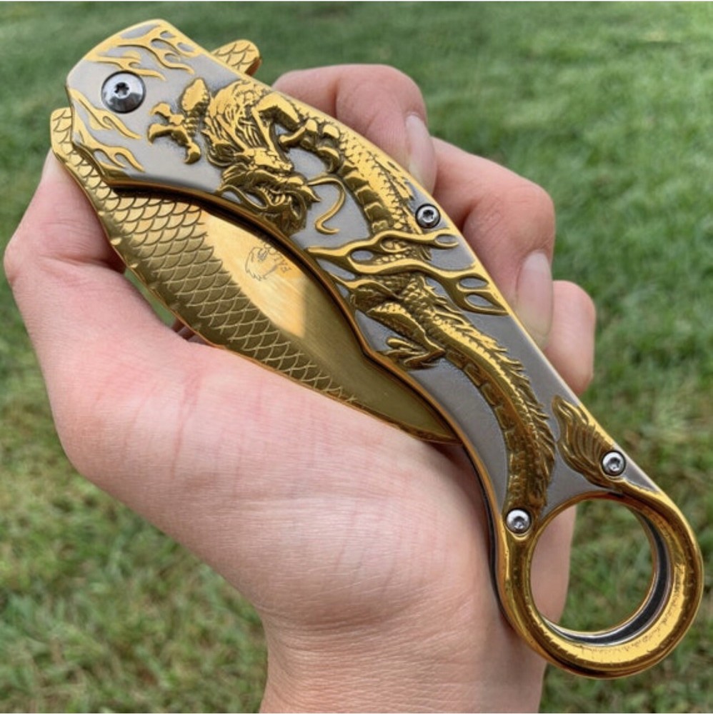 9”Gold CSGO Dragon Karambit Spring Assisted Open Blade Folding Pocket Knife