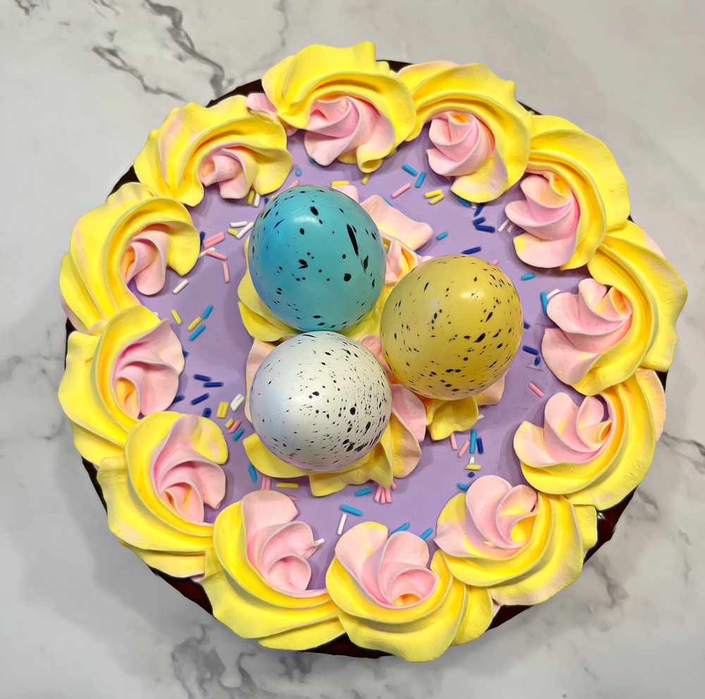 DEZICAKES Fake Cake Lavender & Yellow Easter Egg Cake Decoration Prop
