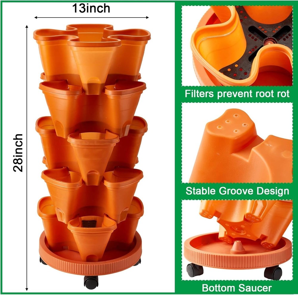 2 Set 5 Tier Stackable Planters Vertical Garden Pots with Wheels Indoor Outdoor
