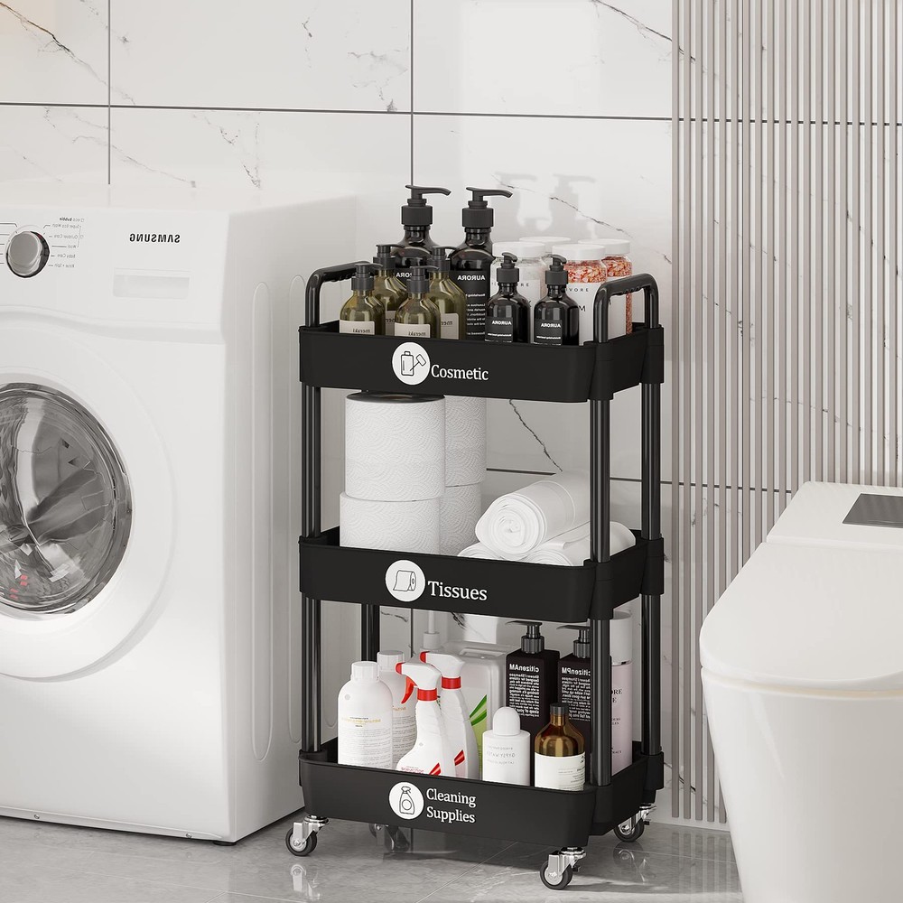 3Tier Utility Rolling Kitchen Storage Cart Organizer Black Lockable Wheels
