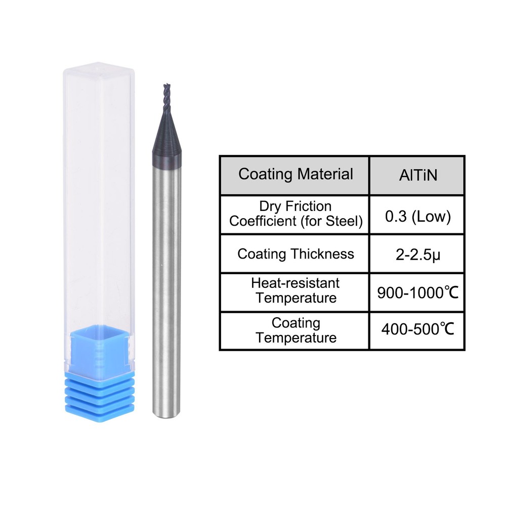 2Pcs 1mm Tip Solid Carbide AlTiN Coated Nose End Mill for Machine HRC45 4 Flute