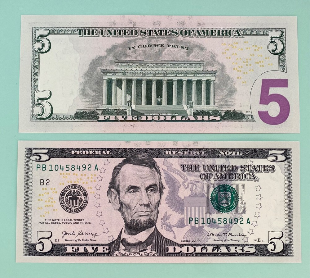 (2) CONSECUTIVE 2017 A $5.00 FEDERAL RESERVE NOTES OFFSET INK TRANSFER ERRORS #1