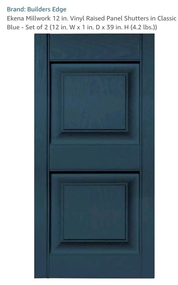 12"×39" Raised Panel Vinyl Shutters Set Of 2 Shutters Classic Blue