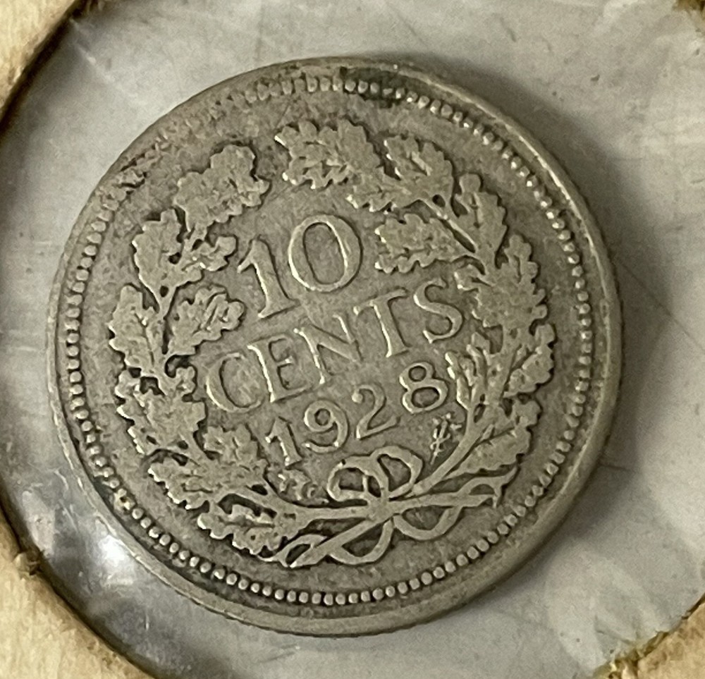 1928 Netherlands 10 Cents Silver Coin
