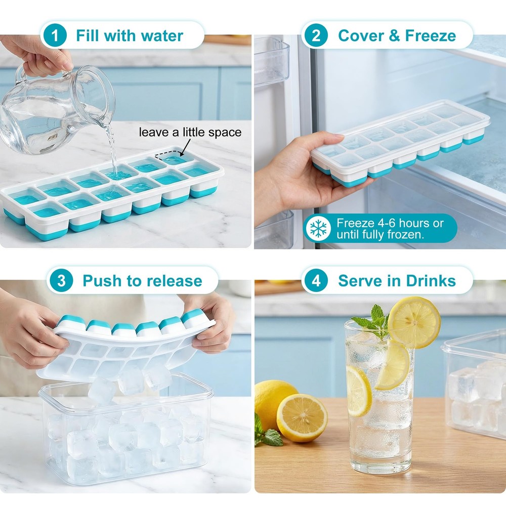 NFK Ice Cube Tray with Lid & Bin - 4 Pack 48 Cubes Stackable Silicone Blue