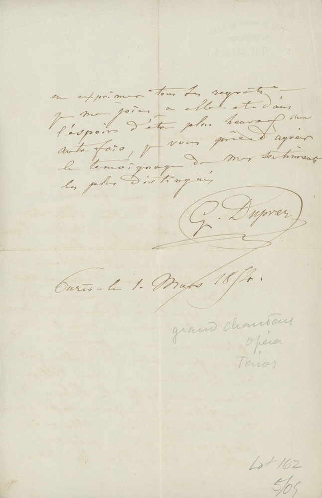 DUPREZ, Gilbert. (1806–1896): Autograph Letter Signed
