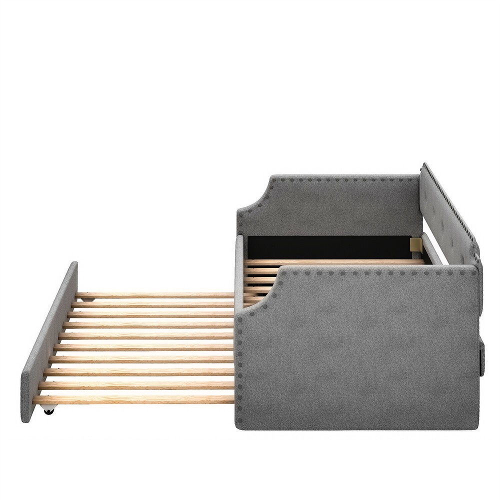 Twin Size Daybed with Pull-Out Trundle Bed Upholstered Bed Frame Sofa Bed US
