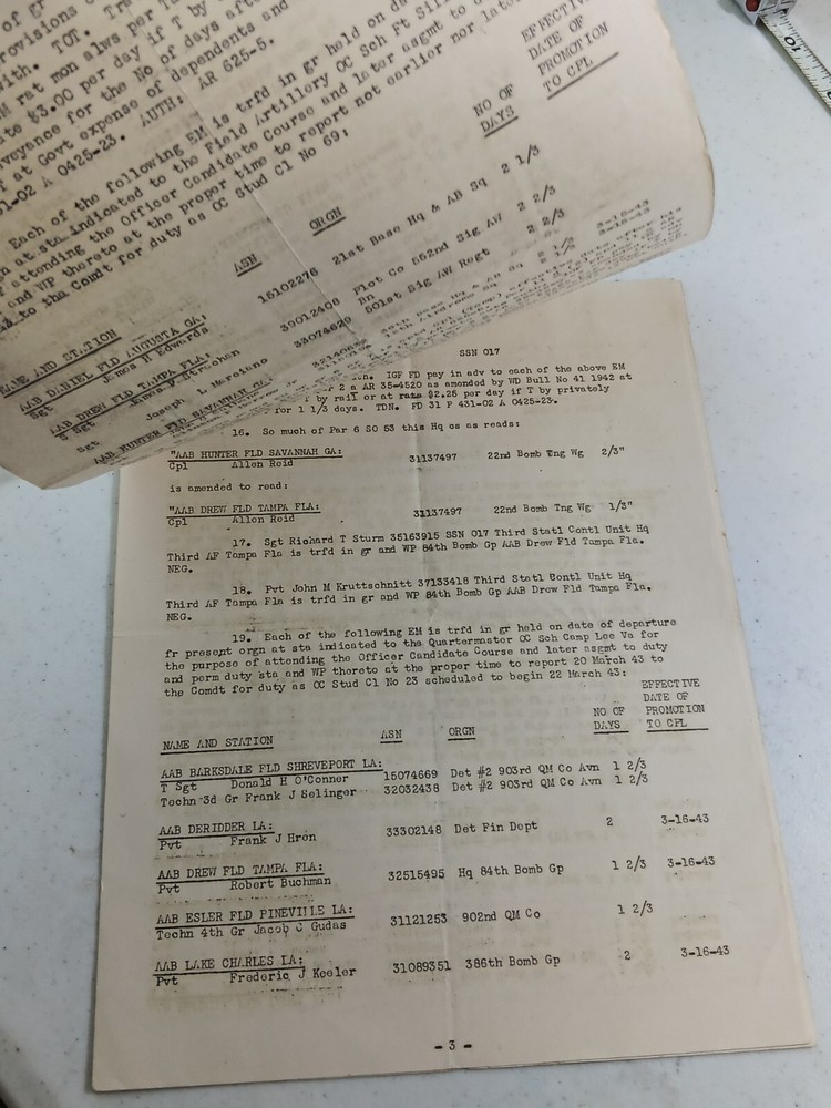 Original WWII 1943 SPECIAL ORDERS #61 HEADQUARTERS THIRD AIR FORCE Document
