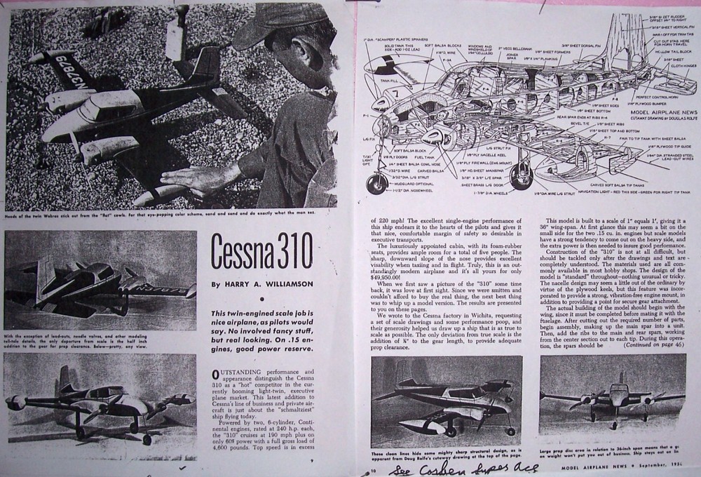 CESSNA 310A PLAN + CONSTRUCTION ARTICLE & SCALE DATA to Build UC Model Airplane