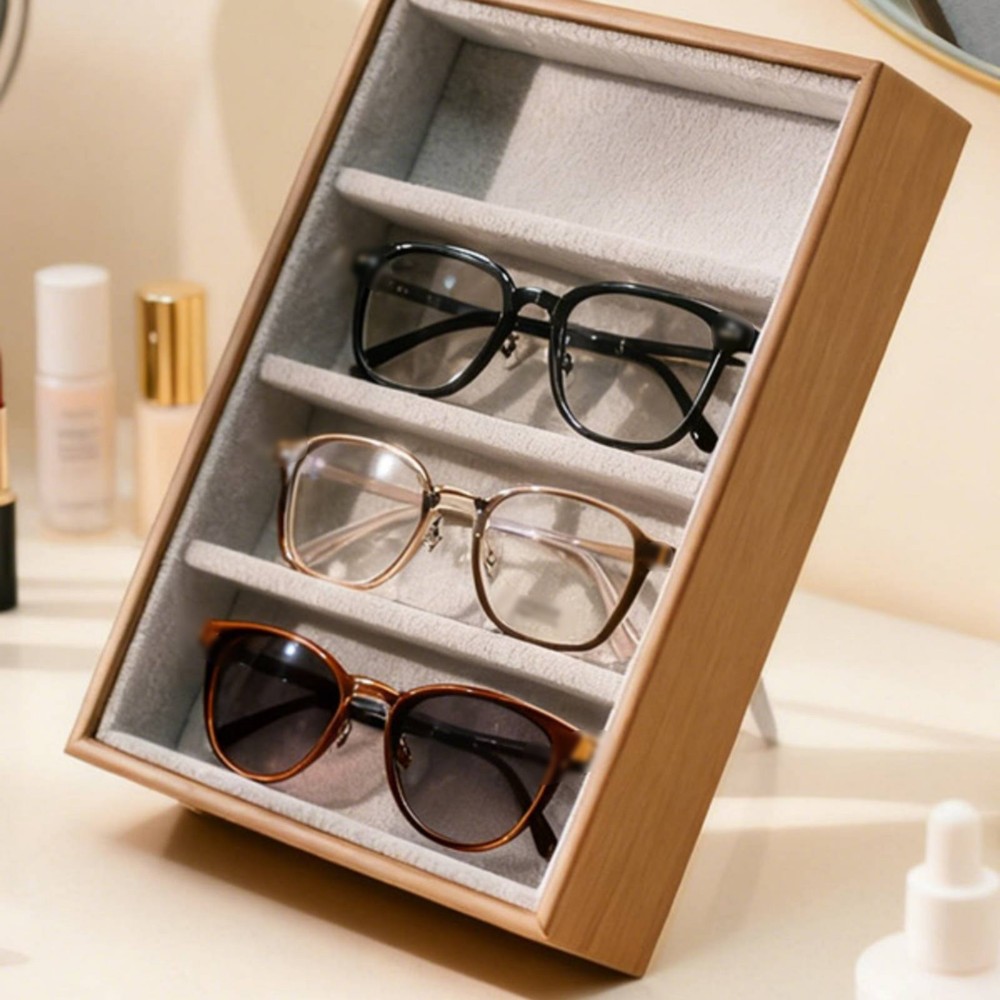 4 Compartment Glasses Display Stand Soft Flocked Lining Spectacles Holder Tray
