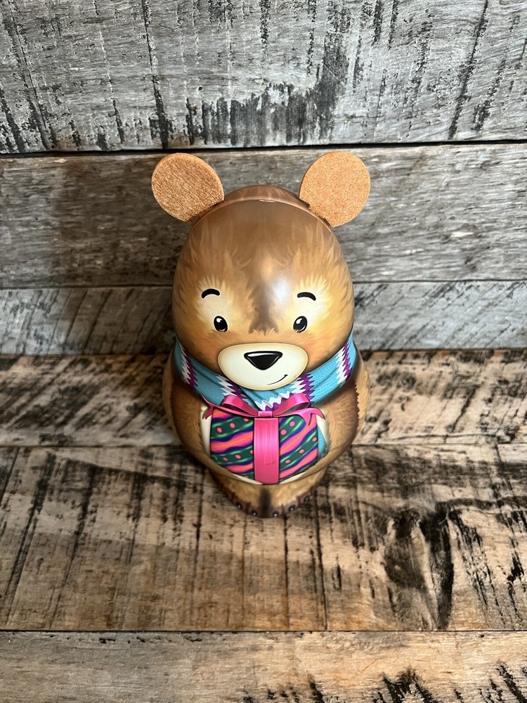 Decorative Christmas 10” Brown Bear Candy Etc. Tin Felt Ears EMPTY