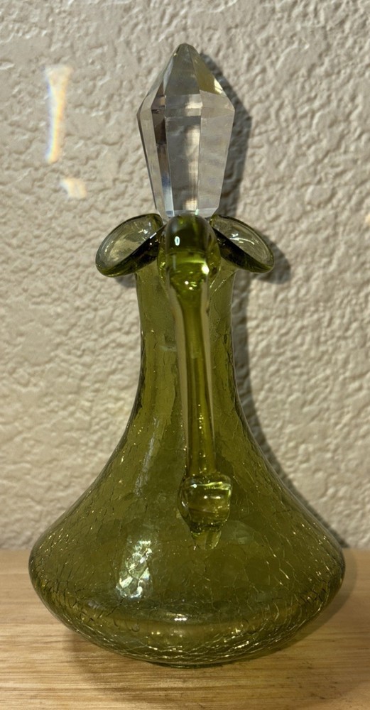 Vintage Green Crackle Glass Cruet Pulled Back Handle - Stopper
