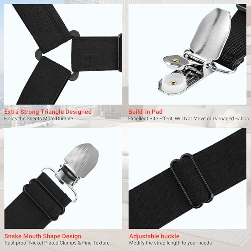 Bed Sheet Holder Straps, Adjustable Bed Sheet Clips for Corner, Upgrade Black