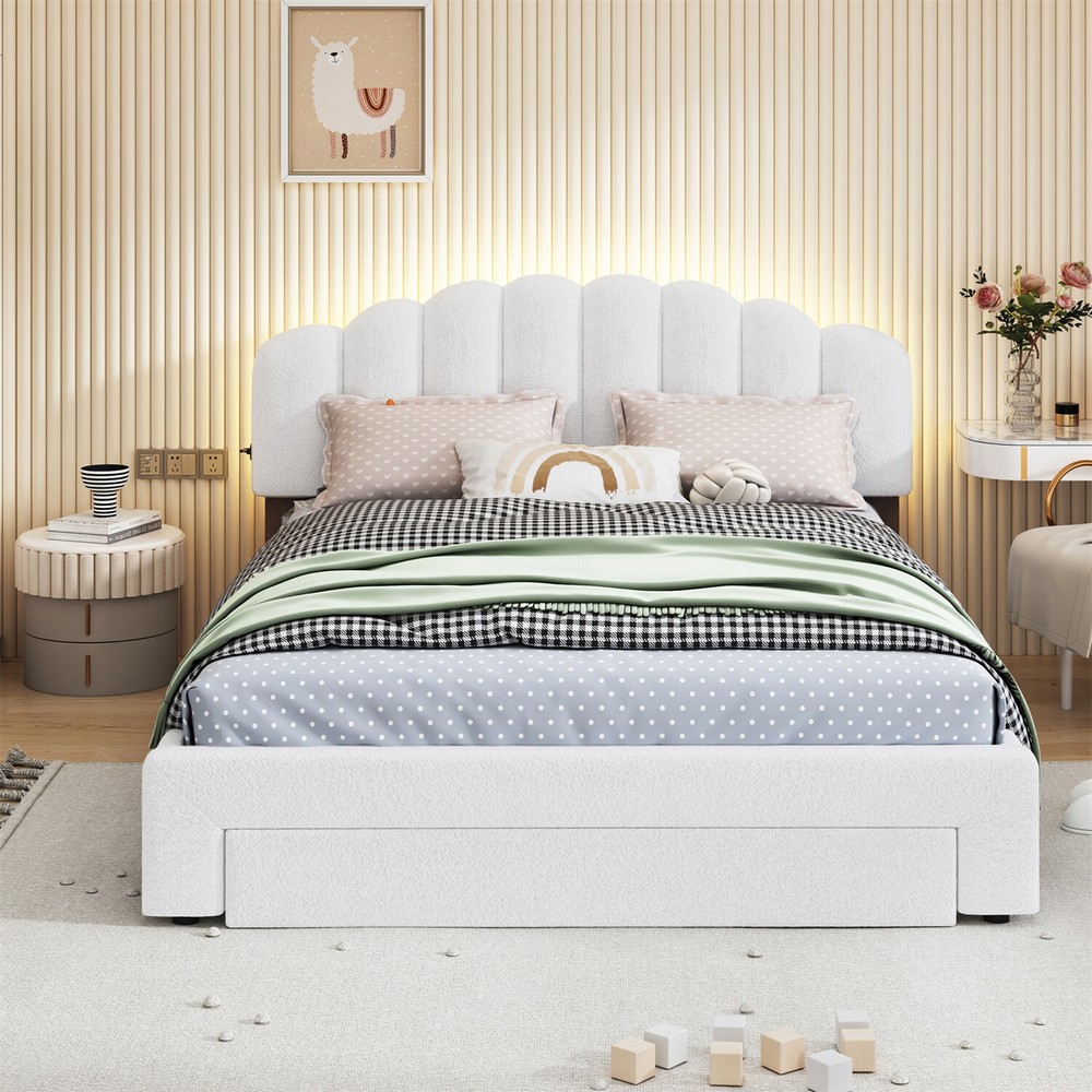 Queen Size Bed Frame Upholstered Platform Bed w/ Drawers White/Beige/Gray