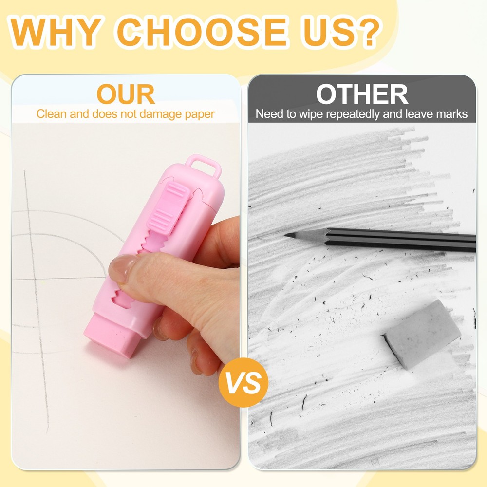 2+4Pack Erasers, Sliding Retractable Eraser Push Pull Cute Pencil Erasers, Pink