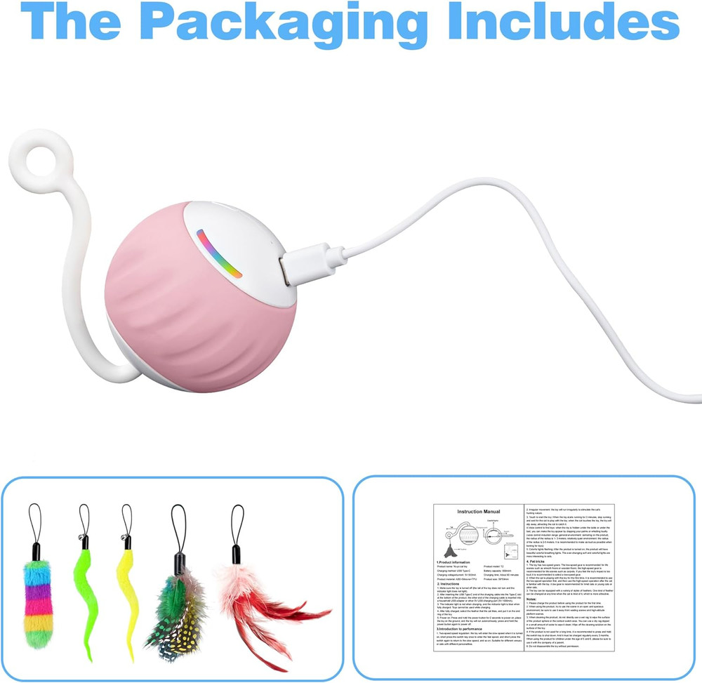 Interactive Cat Toy with LED Lights & Feathers - 2 Speed Motion Ball
