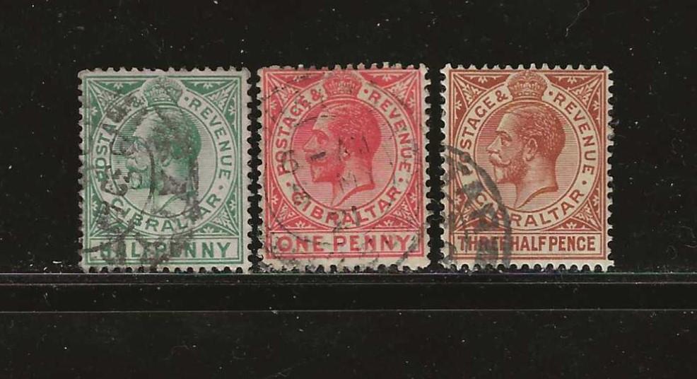 THREE DIFFERENT USED GIBRALTER KING GEORGE V STAMPS - C74e