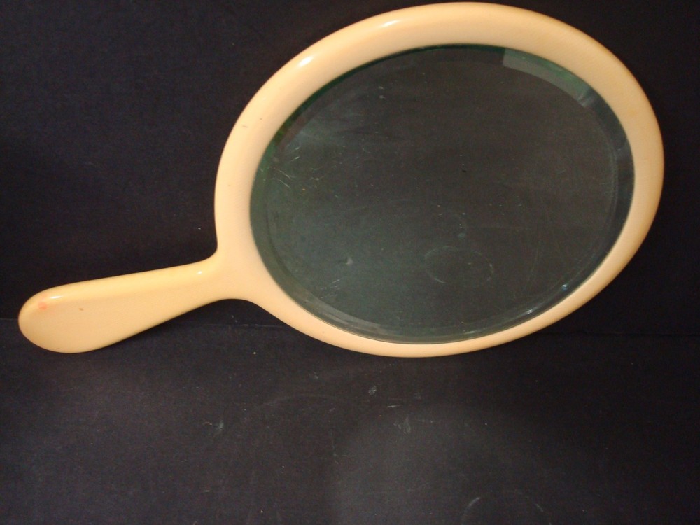 Antique Vintage Celluloid Hand Held Beveled Mirror with E Monogram