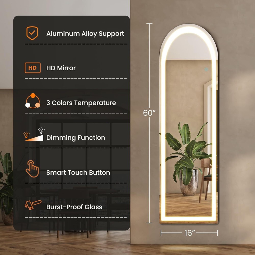Mirror Full Length Standing Mirror with LED Lights Lighted Floor Standing Mirror