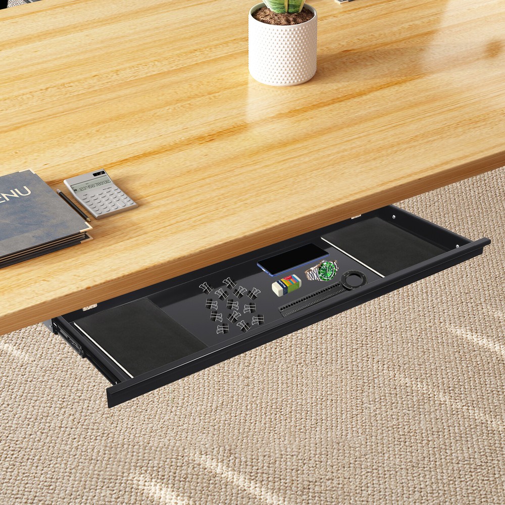 Under Desk Pull Out Drawer Sliding Hidden Storage Tray Desk Organizer Black