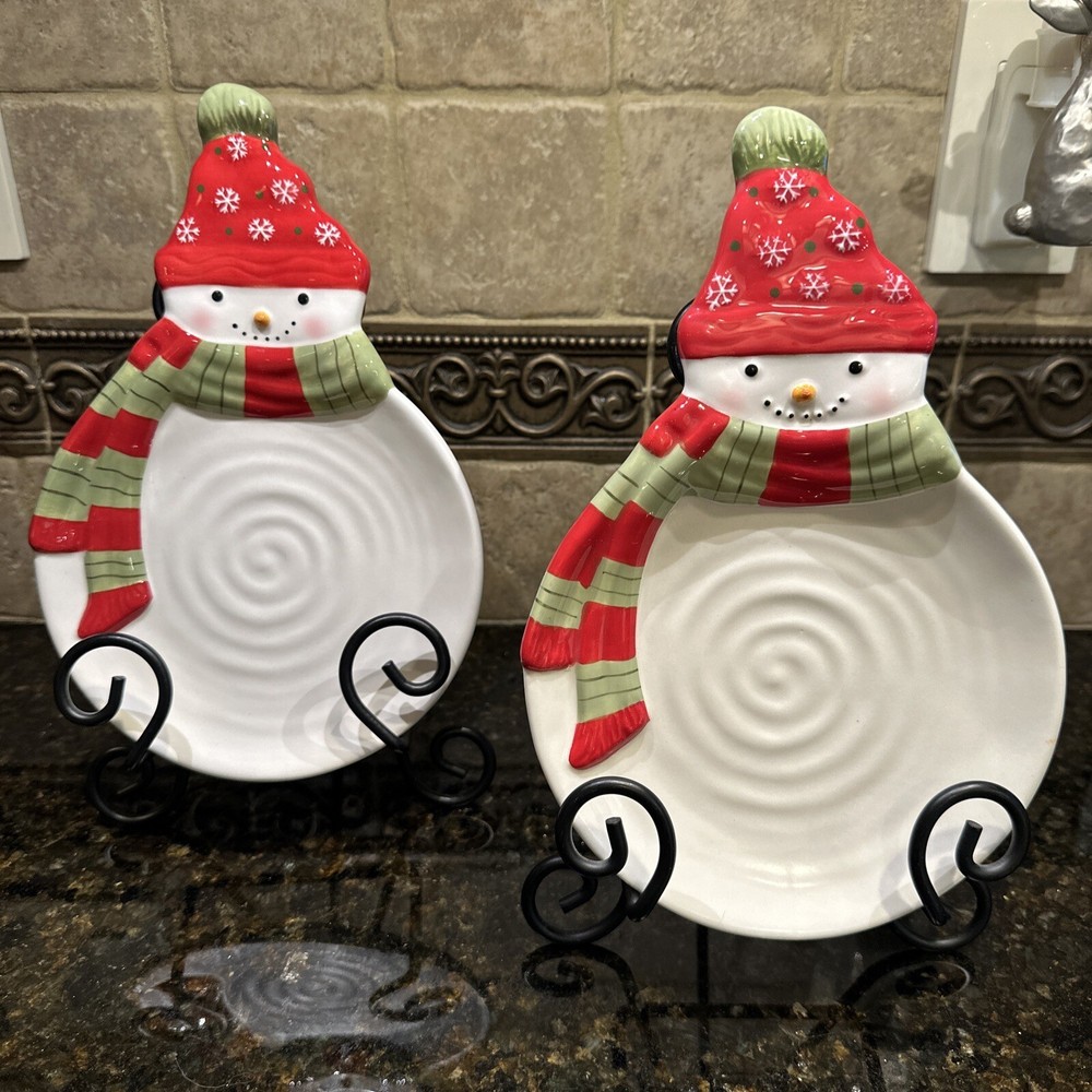 (2) HALLMARK CERAMIC SNOWMAN SPOON RESTS/SNACK PLATES ~ SO CUTE!