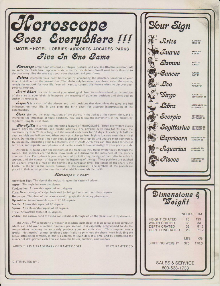 1976 RAMTEK HOROSCOPE ARCADE FLYER