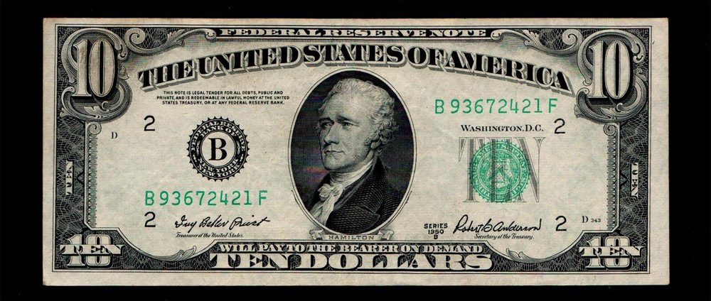 Offset Printing Error 1950-B $10 Federal Reserve Note