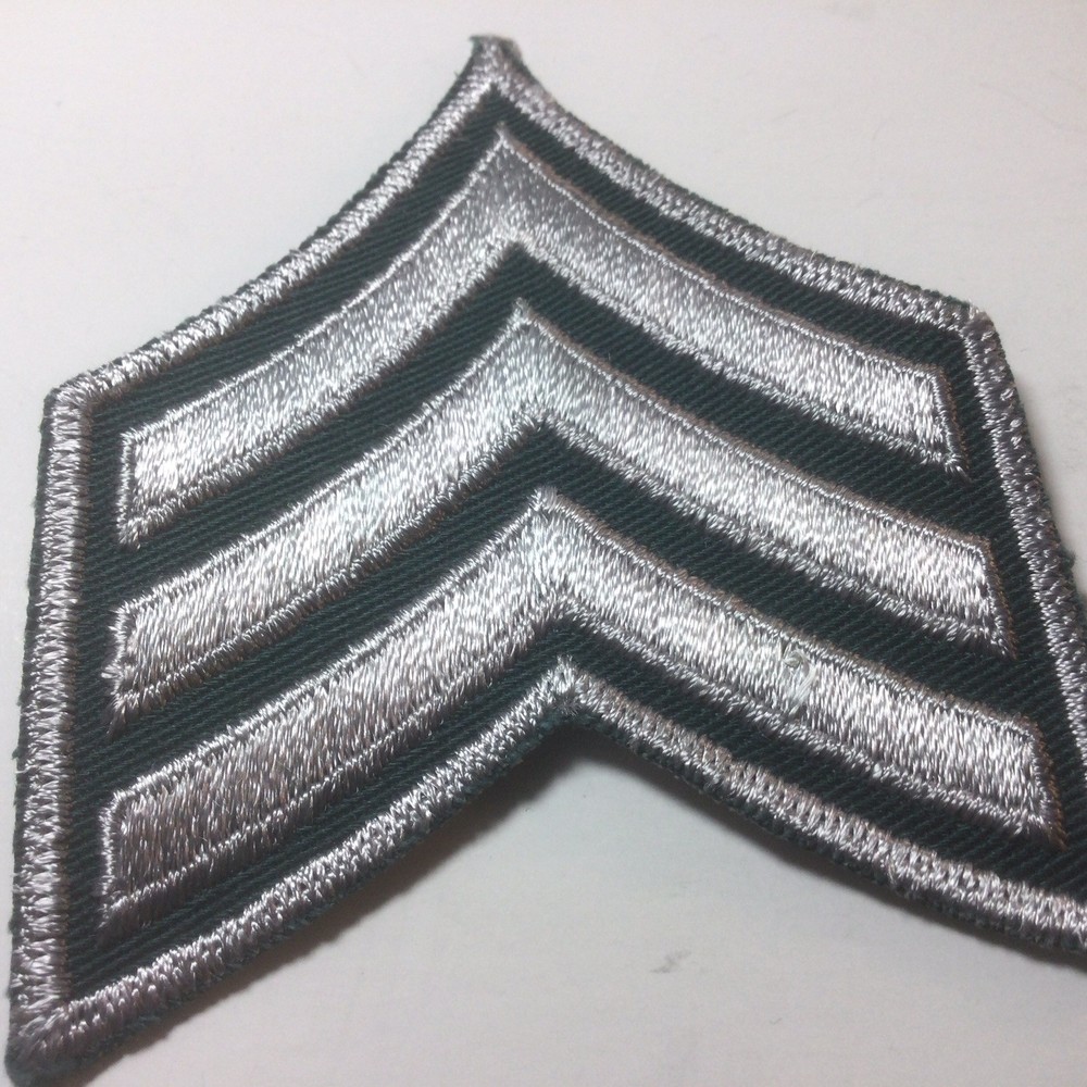 (2) Sergeant Chevron - 3 Silver Stripes on Dark Forest Green Patch - Schiffli