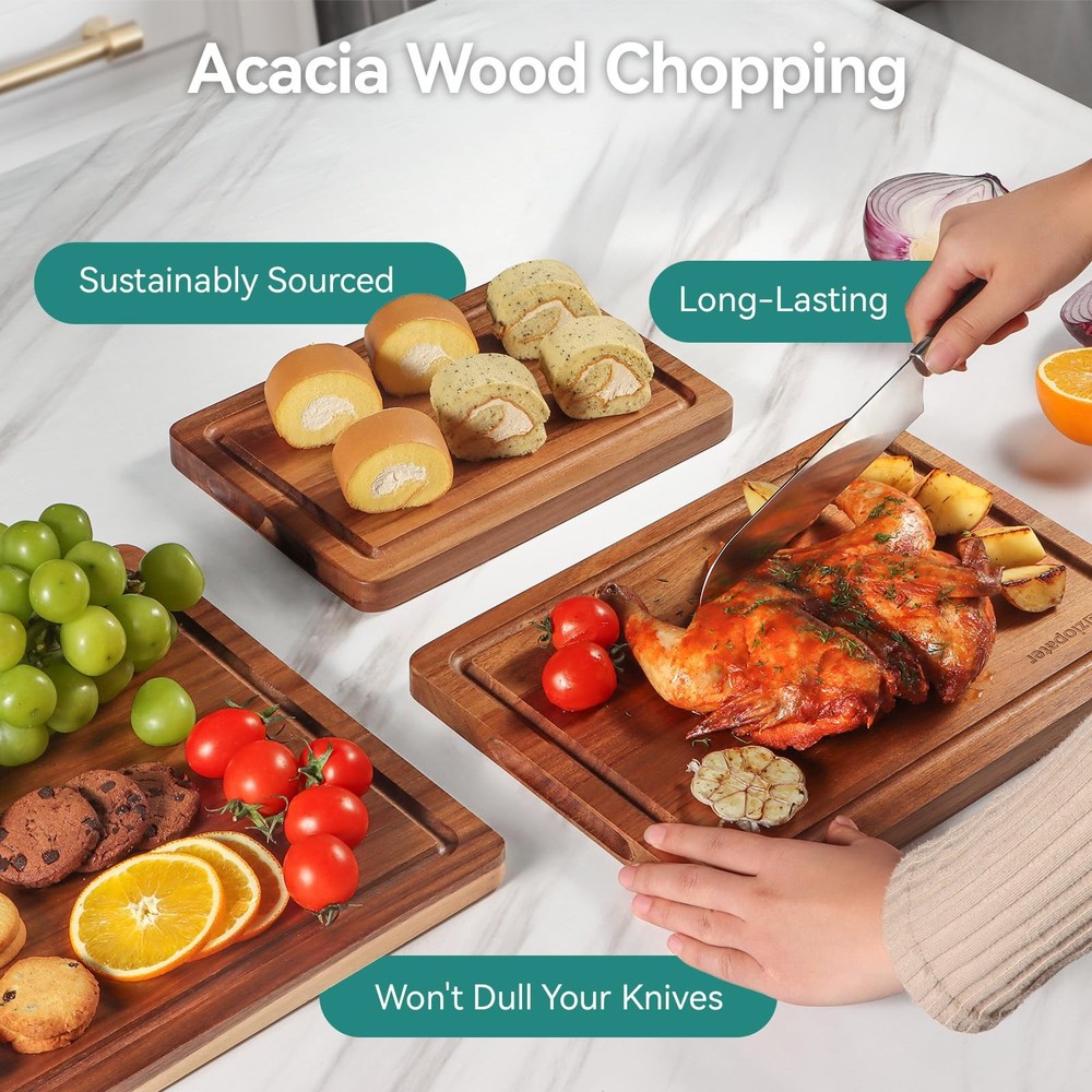 Acacia Wood Cutting Board，Solid Wood Cutting Board for Kitchen with Holder wi...