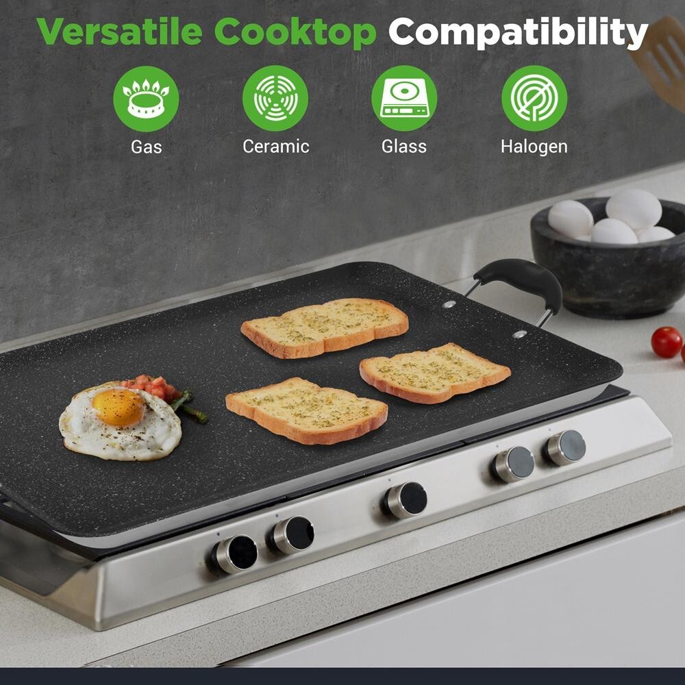 NutriChef Non-Stick Double Burner Griddle, Dishwasher Safe Bakelite Handle-Black