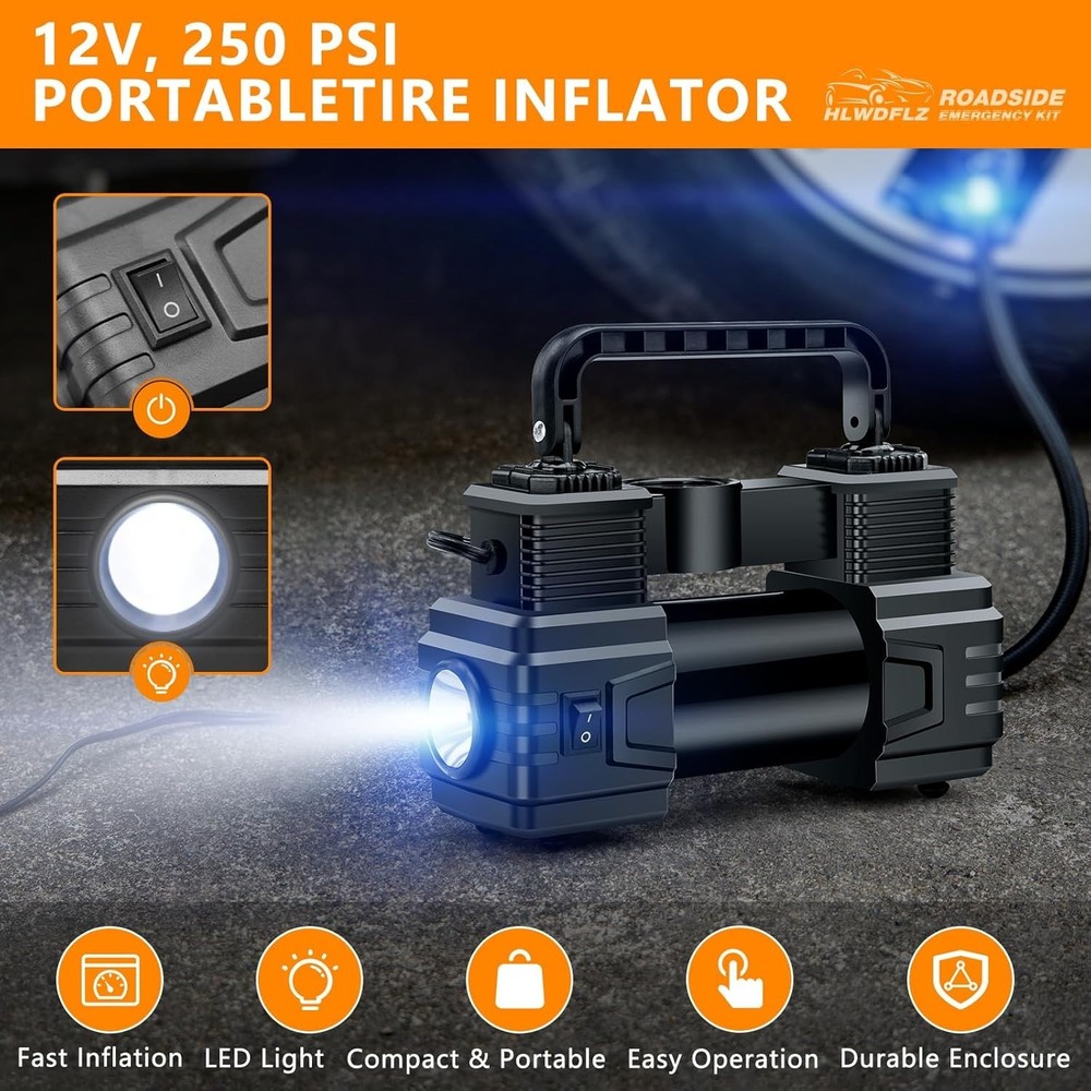 Essential Car Emergency Kit - Portable Air Compressor, Gloves, 150 Safe Tools