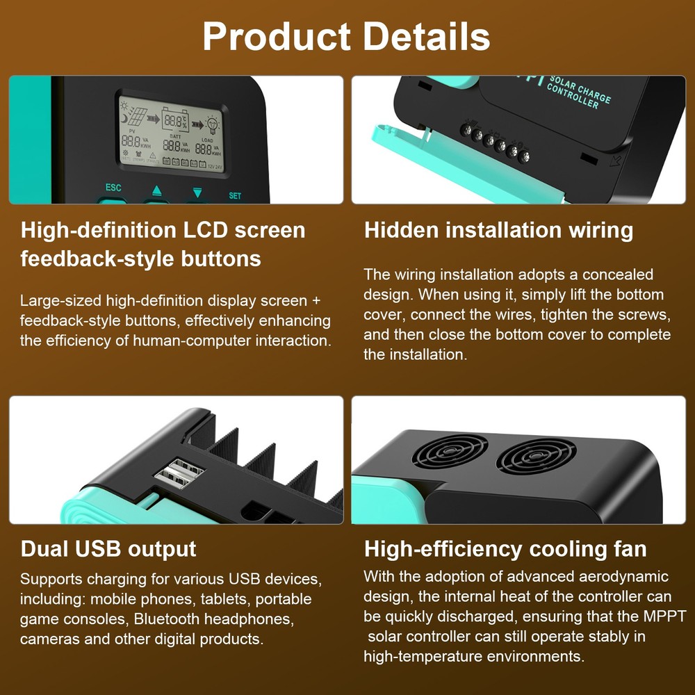 40A Solar Charge Controller 12/24V MPPT with Dual USB LCD Display Auto Regulator