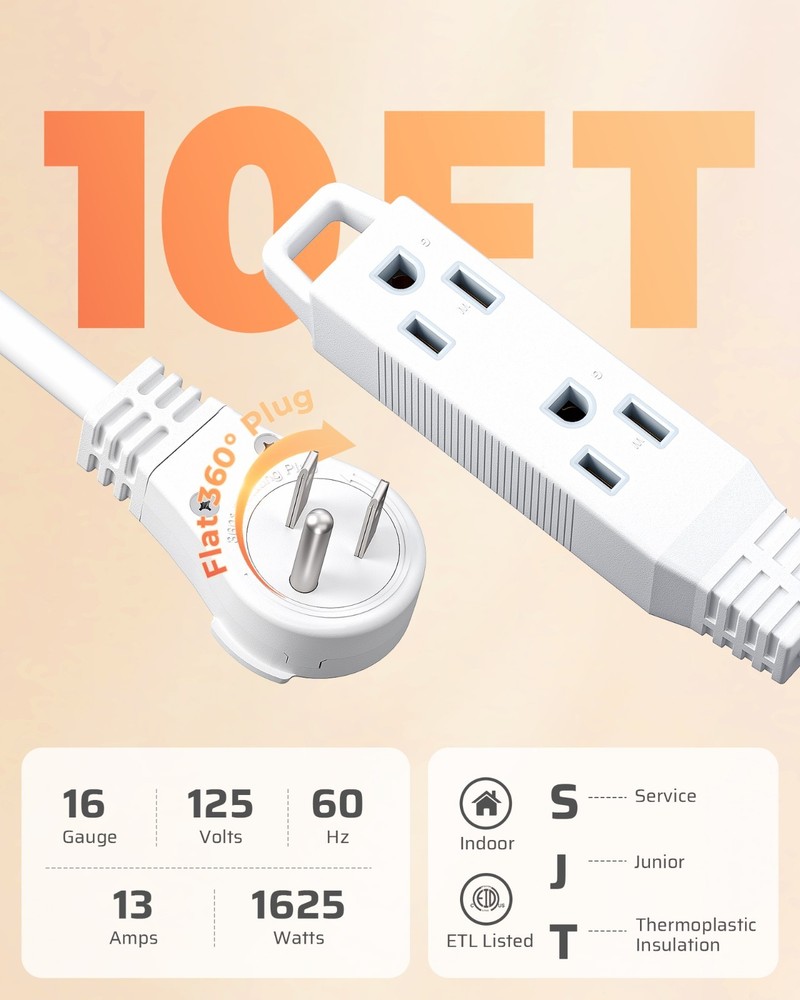 DEWENWILS 10FT Flat Plug Power Strip, 3 Outlets Space Saving Rotating Plug