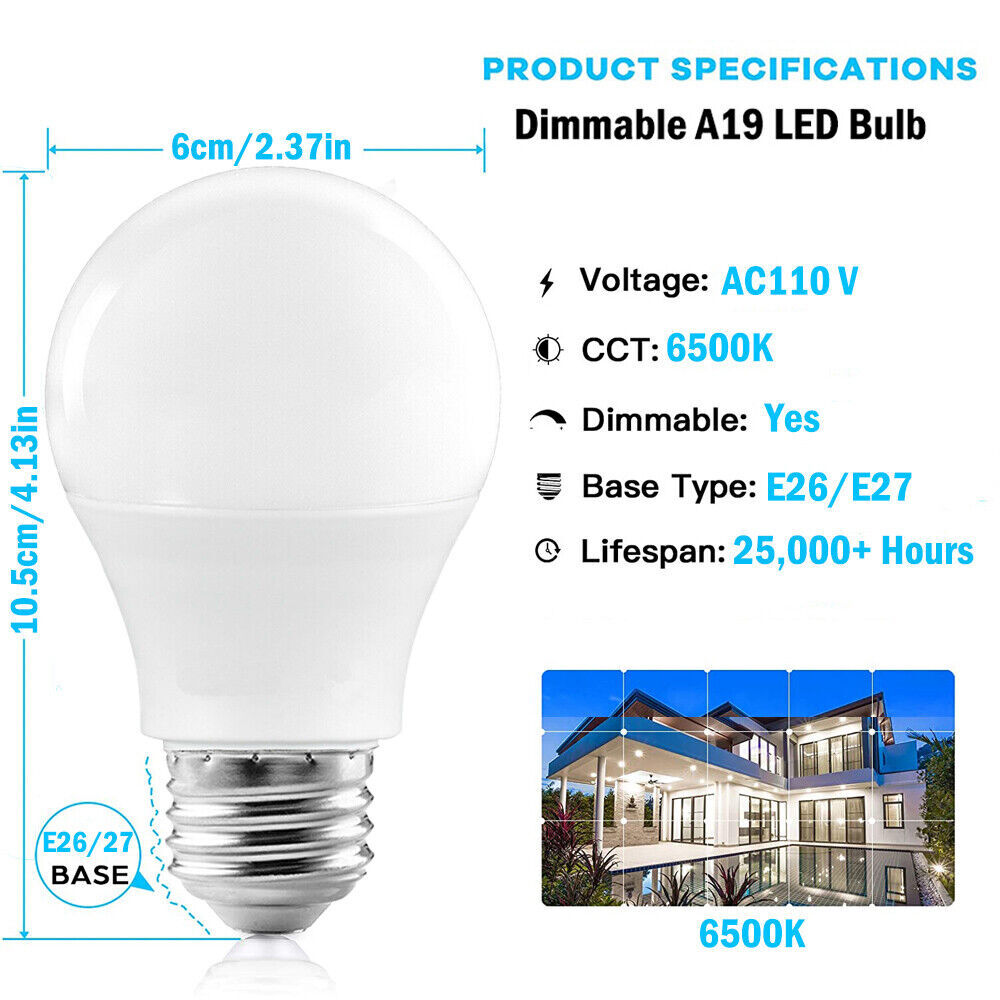 16PCS LED Light Bulbs 15W/100W Daylight A19 6000K Dimmable E26 Replacement Lamp