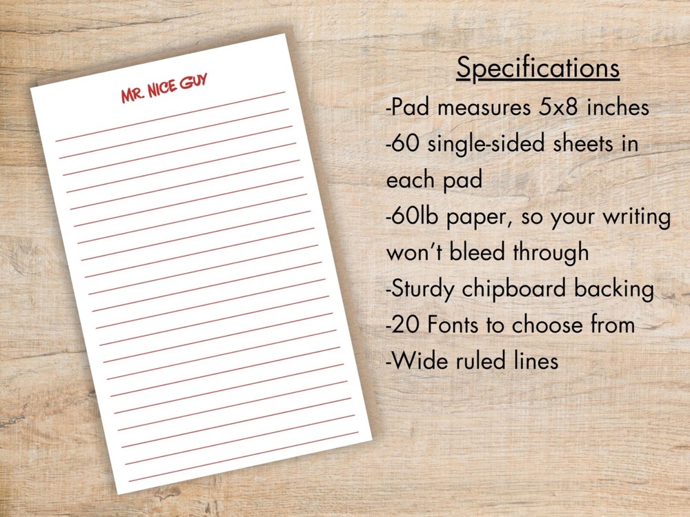 Personalized 5x8 Lined Notepad - Font and Color Options