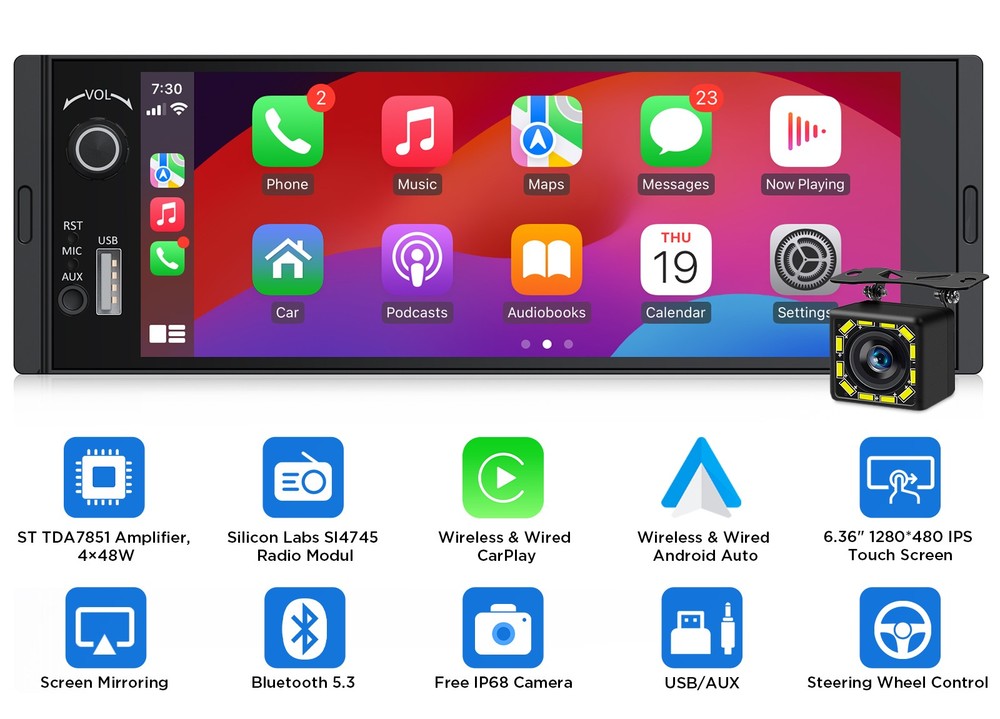 Single 1DIN Android Auto 6.36" IPS Car Stereo Head Unit Wireless CarPlay GPS RDS