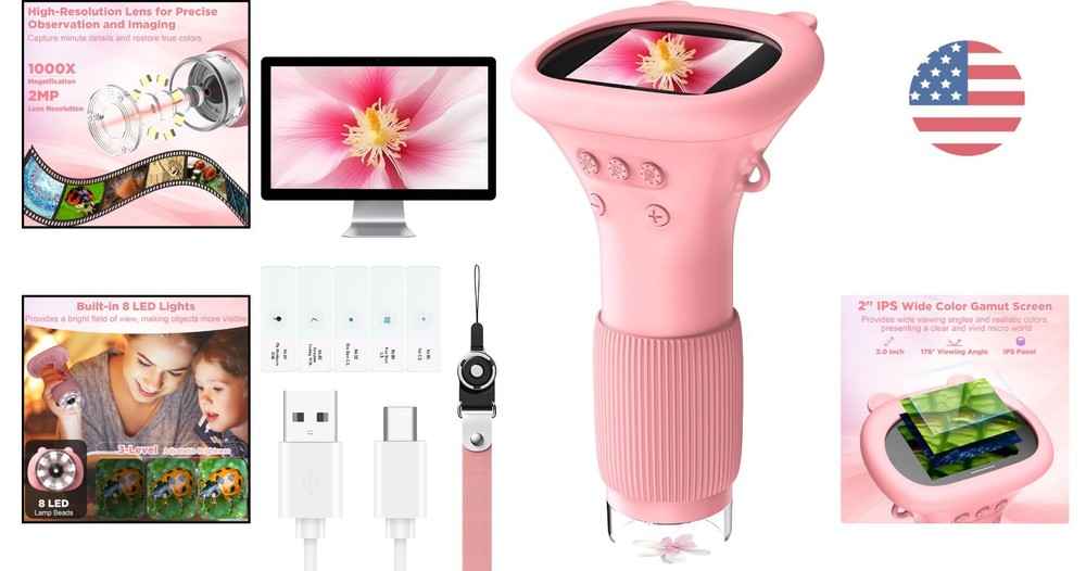 Handheld Kids Microscope - 1000X Magnification & Rechargeable for Fun Learning