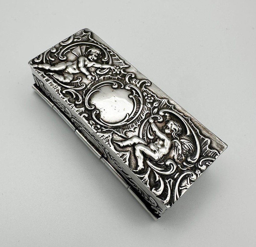 GERMAN DUAL DOUBLE COMPARTMENT 800 SILVER STAMP BOX EMBOSSED CHERUBS c1900