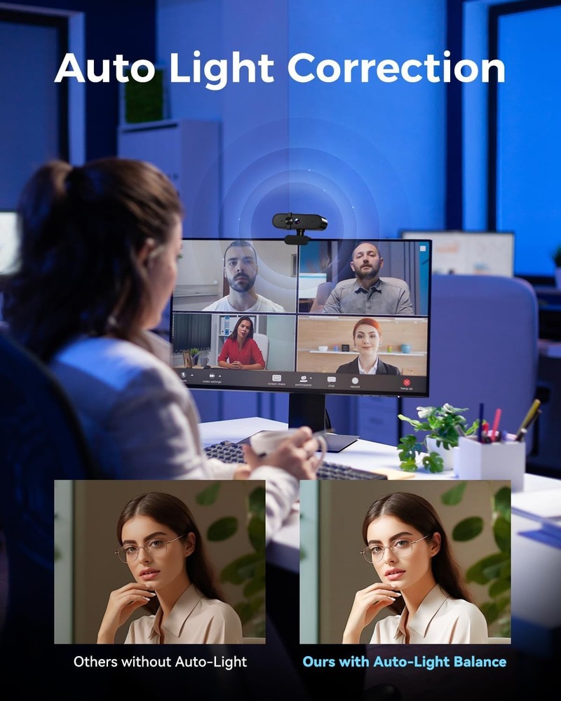 1080P Webcam Computer Camera with Microphone & Wide View - Auto Light Correction