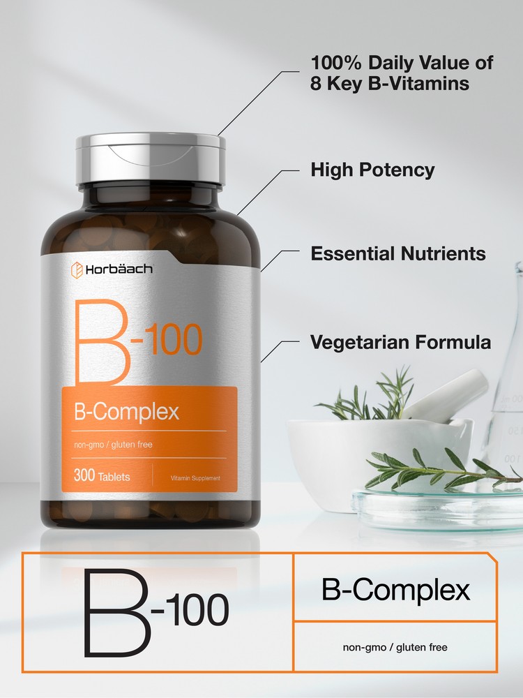 Vitamin B-100 Complex | 300 Tablets | Vegetarian, Non-GMO | by Horbaach