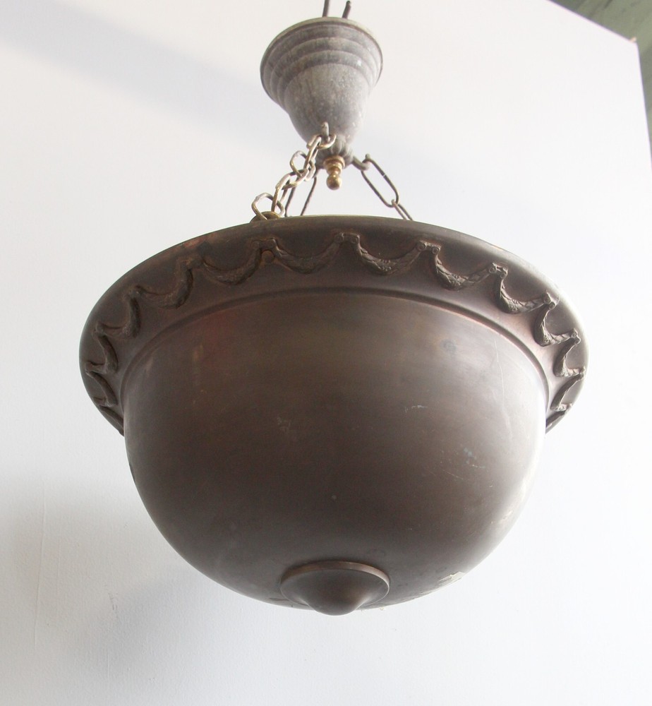 1900s Victorian Brass Bowl Dish Pendant Light