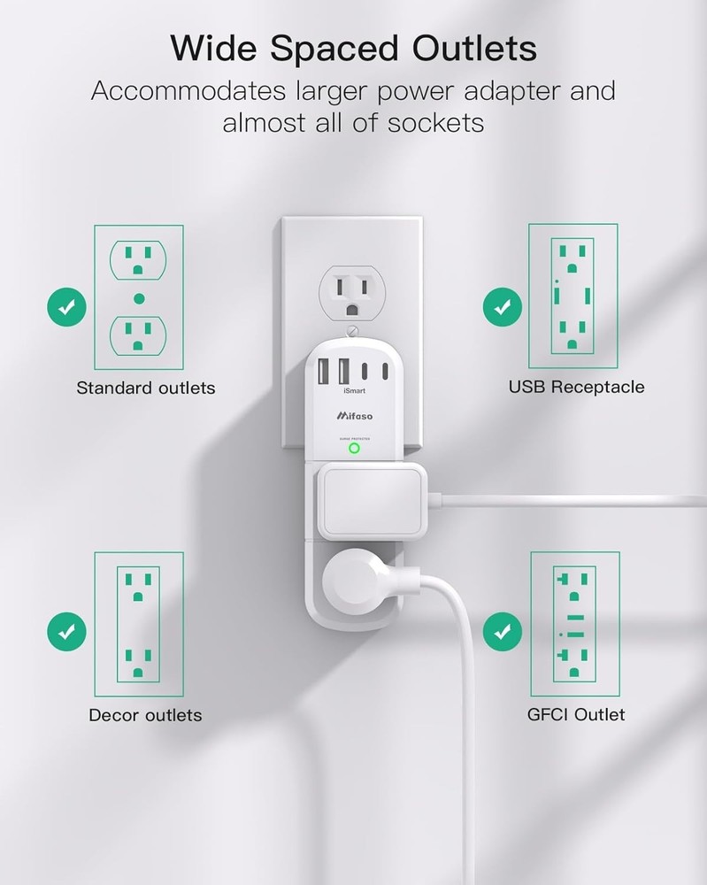 Surge Protector Outlet Extender with Rotating Plug, 6 AC Multi Plug Wall Outl...