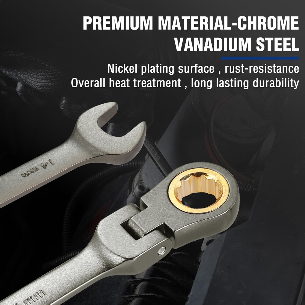 WORKPRO 14mm Flex-Head Ratcheting Combination Wrench, 72-Teeth Cr-V Constructed