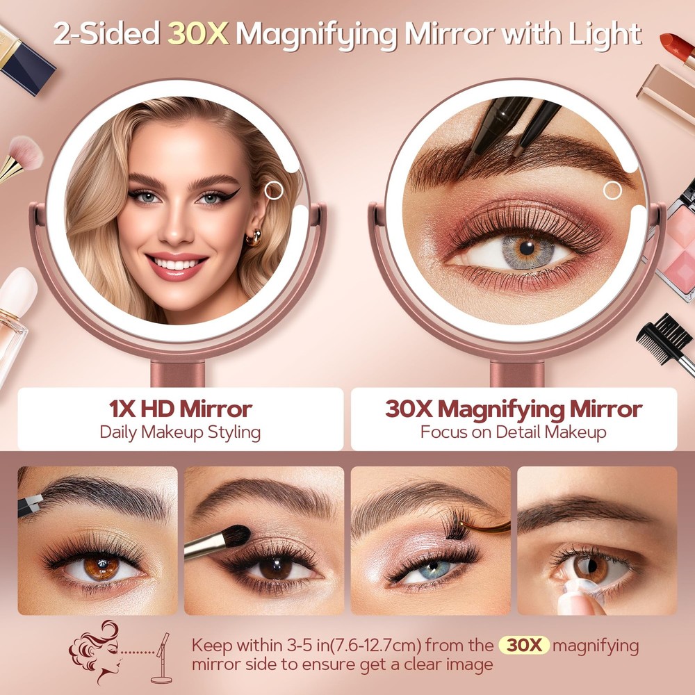 Makeup Mirror Lights Lighted Magnifying 30X Adjustable Brightness 2Sided Rose