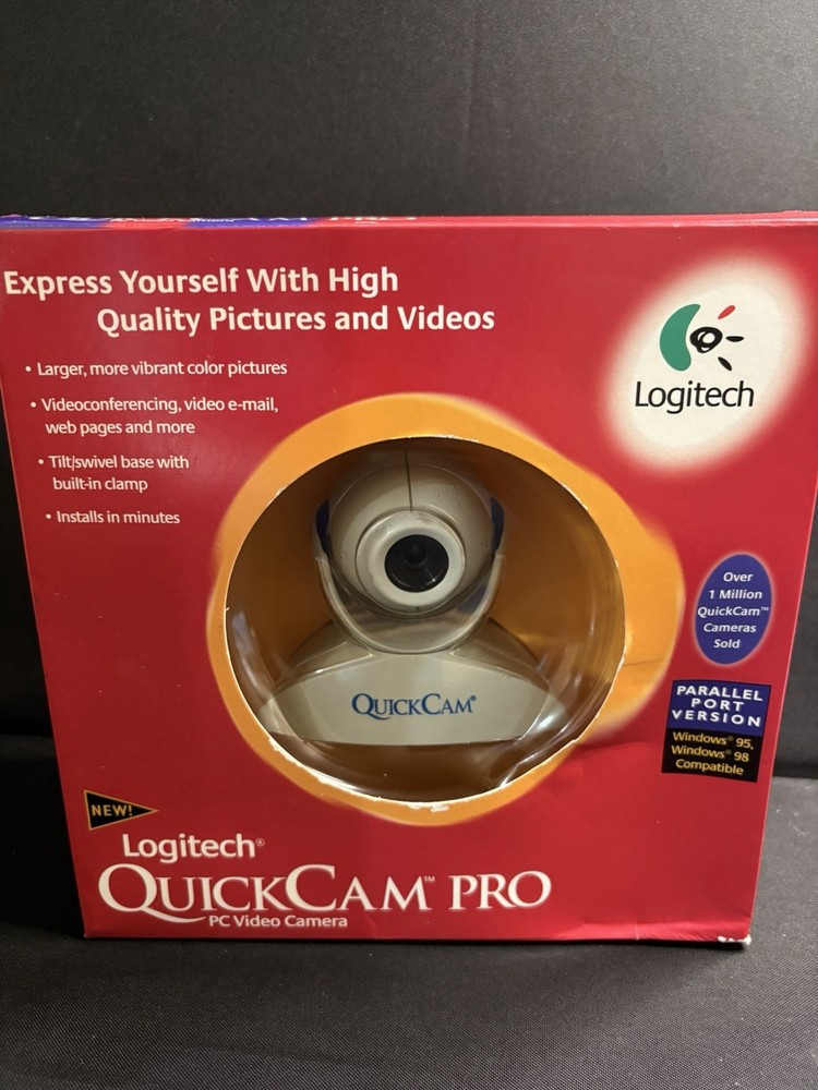 Vintage Logitech QuickCam Pro Webcam Parallel Port Complete In Box Windows 95 98
