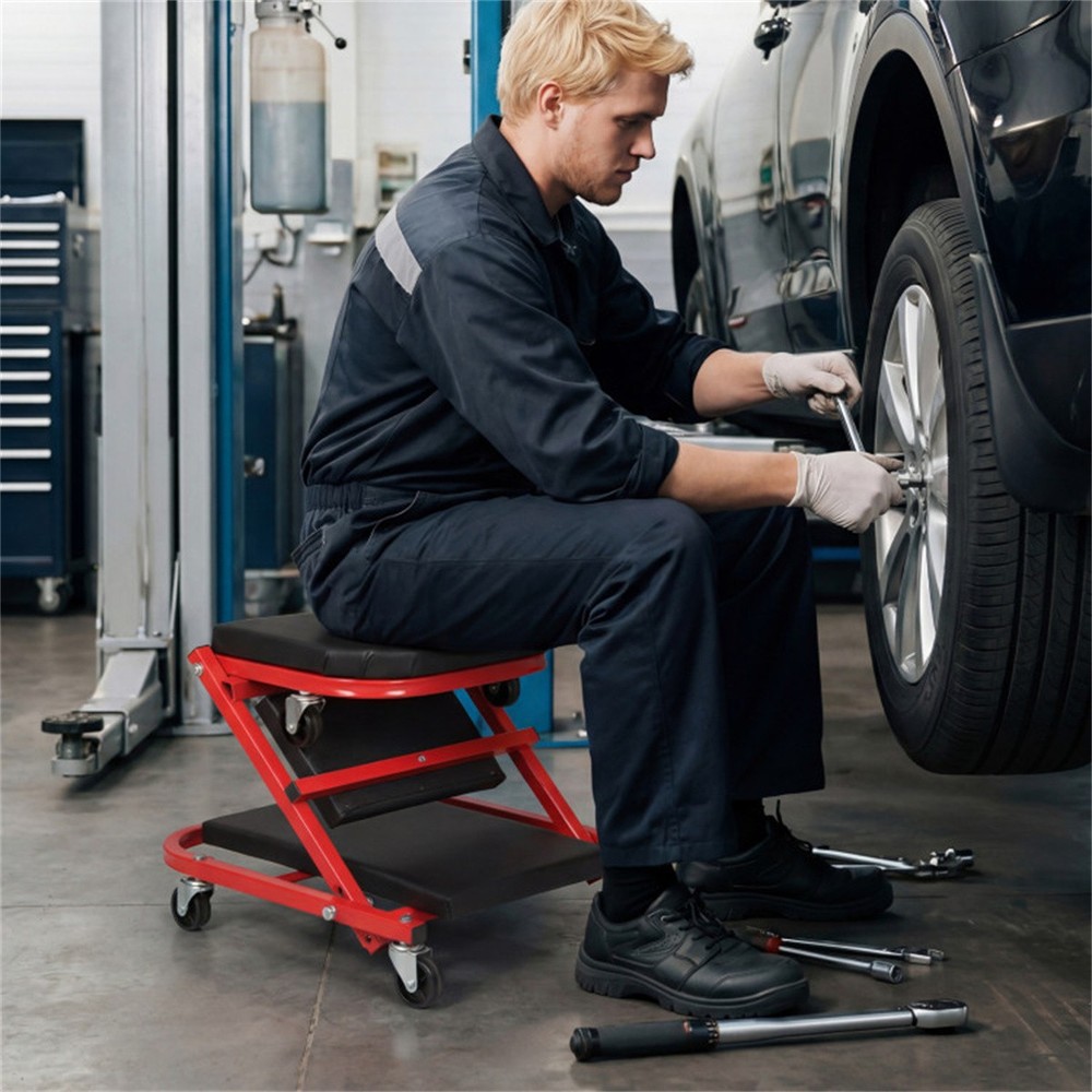 Foldable Mechanic Creeper Stool w/6 Wheels & Cushion - Garage Workspace