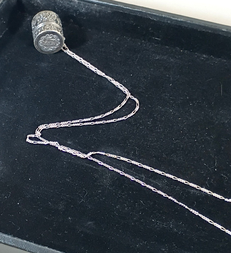 Vintage Sterling Silver Thimble Holder 30in Chain Chatelaine 16g