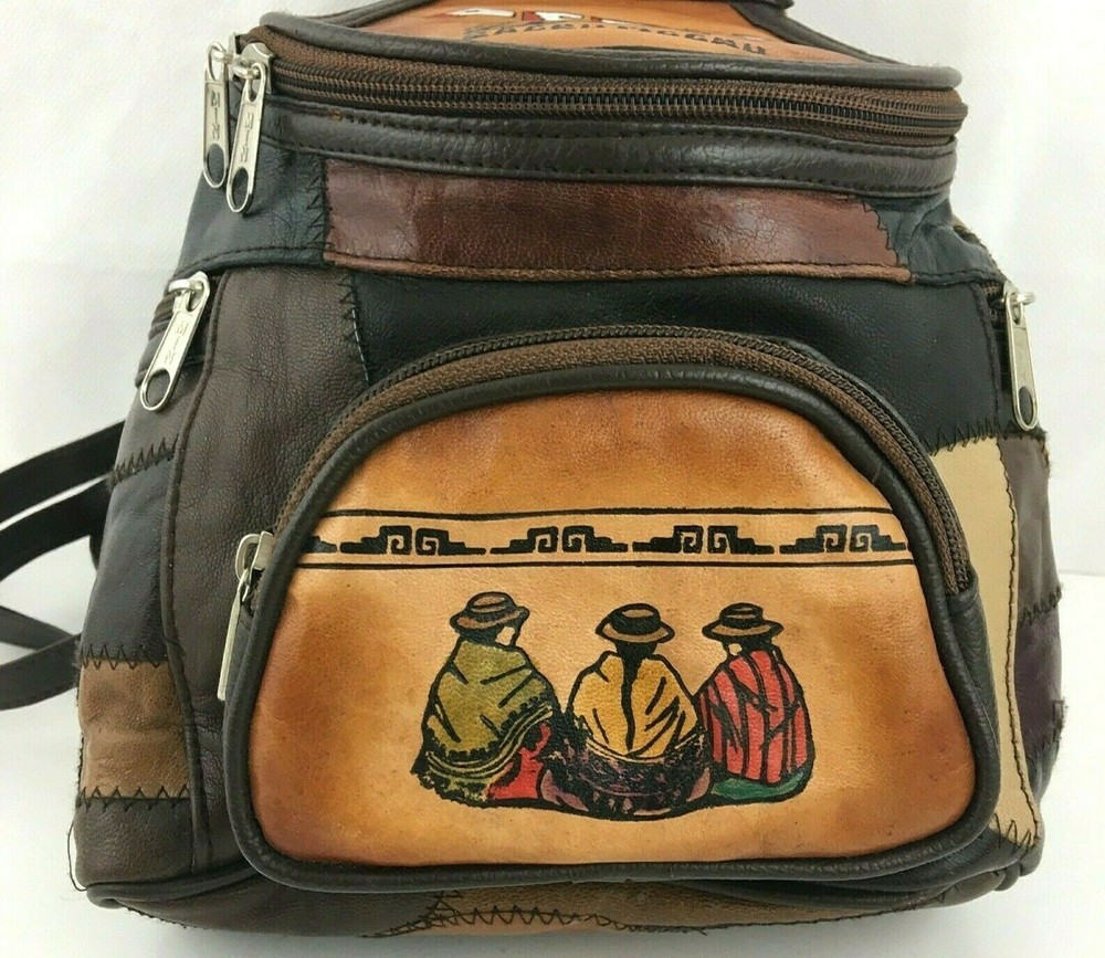 Peru Machu Picchu Leather Patch Work Adjustable Straps Backpack Purse