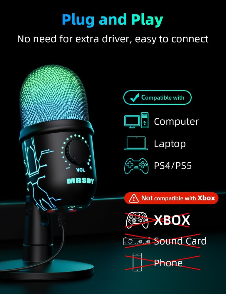 Gaming Microphone, USB Computer Microphone for PC, Mac, PS4/5, Condenser Podcast
