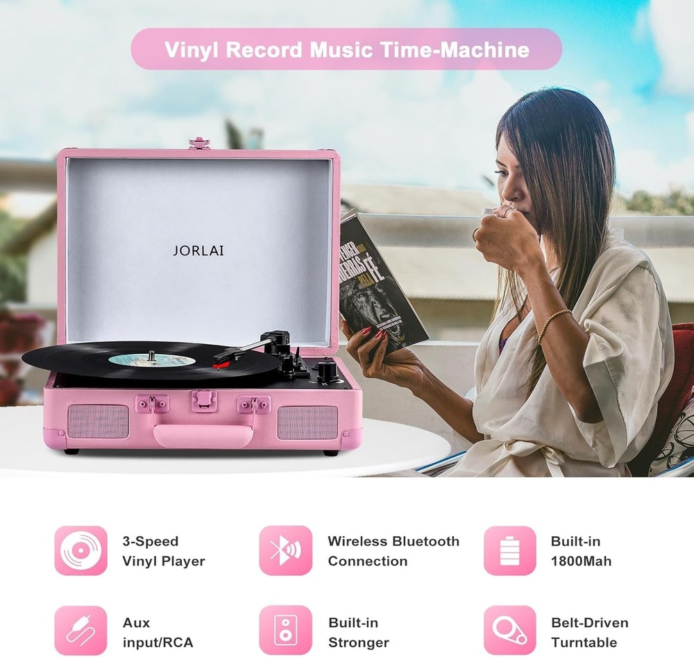 Rechargeable Battery Vintage Suitcase Record Player with Bluetooth Connectivity